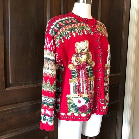 Vintage Tiara Petites Size PM Red Cardigan Sweater 2000 Teddy Bear Fair Isle - Picture 4 of 13
